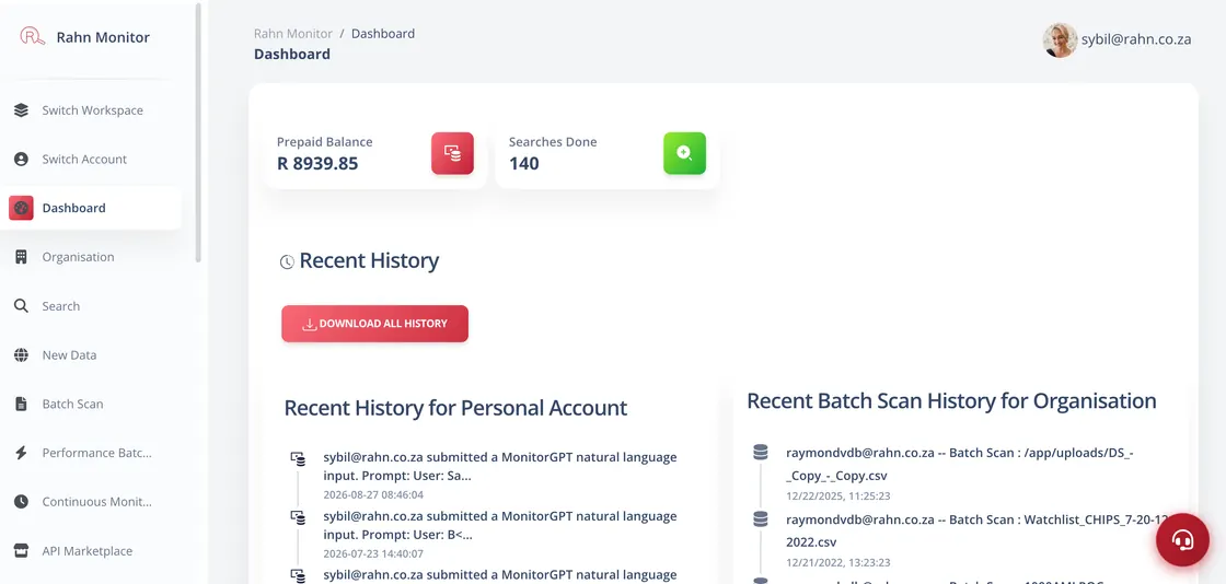 The RAHN Monitor dashboard, showing prepaid balance, searches done and recent screening history